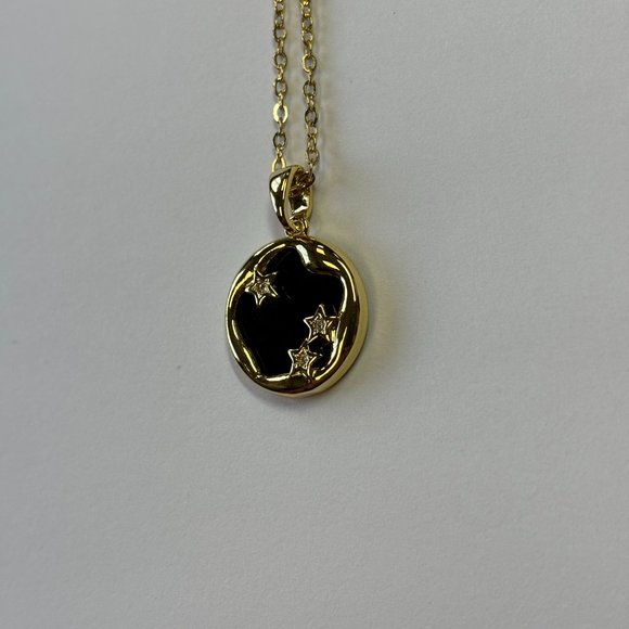 Gold Round Black Jade Three Stars Pendant Necklace - Picture 6 of 14